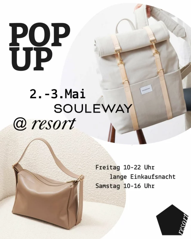 Lange Shopping Nacht und PopUp im resort!
Am Freitag (2. Mai)  verwandelt sich unsere Innenstadt in eine große Bühne für Innsbruck LIVE. Ein toller Event für alle Musikliebhaber, Genießer und Shopping-Fans.

GEÖFFNET BIS 22 UHR!!!

Bei uns im resort erwartet Euch ein Pop Up des Hamburger Taschenlabels @souleway . Die hochqualitativen Taschen & Accessoires werden in Deutschland handgefertigt und stehen für zeitloses Design, Nachhaltigkeit und Qualität. Überzeugt Euch am besten selbst davon! 

Sebastian von SOULEWAY wird zudem wunderbaren Naturwein vom Weingut Bergkloster mitbringen, den wir am Abend der Langen Einkaufsnacht, verkosten werden. 

Und wer es am Freitag nicht schafft, das Pop Up geht bis Samstag 16 Uhr.
See you there!